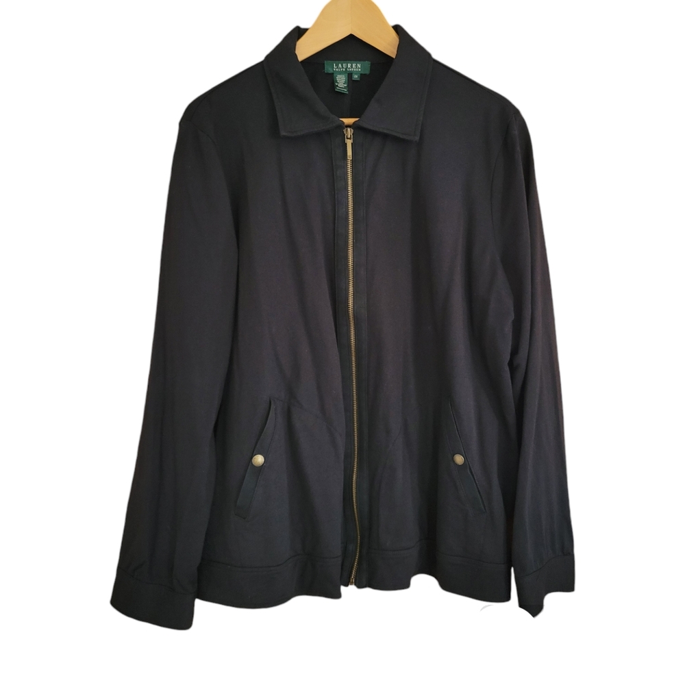 Lauren Ralph Lauren Track Jacket Womens Size 2X Black Zip Front 100% Cotton